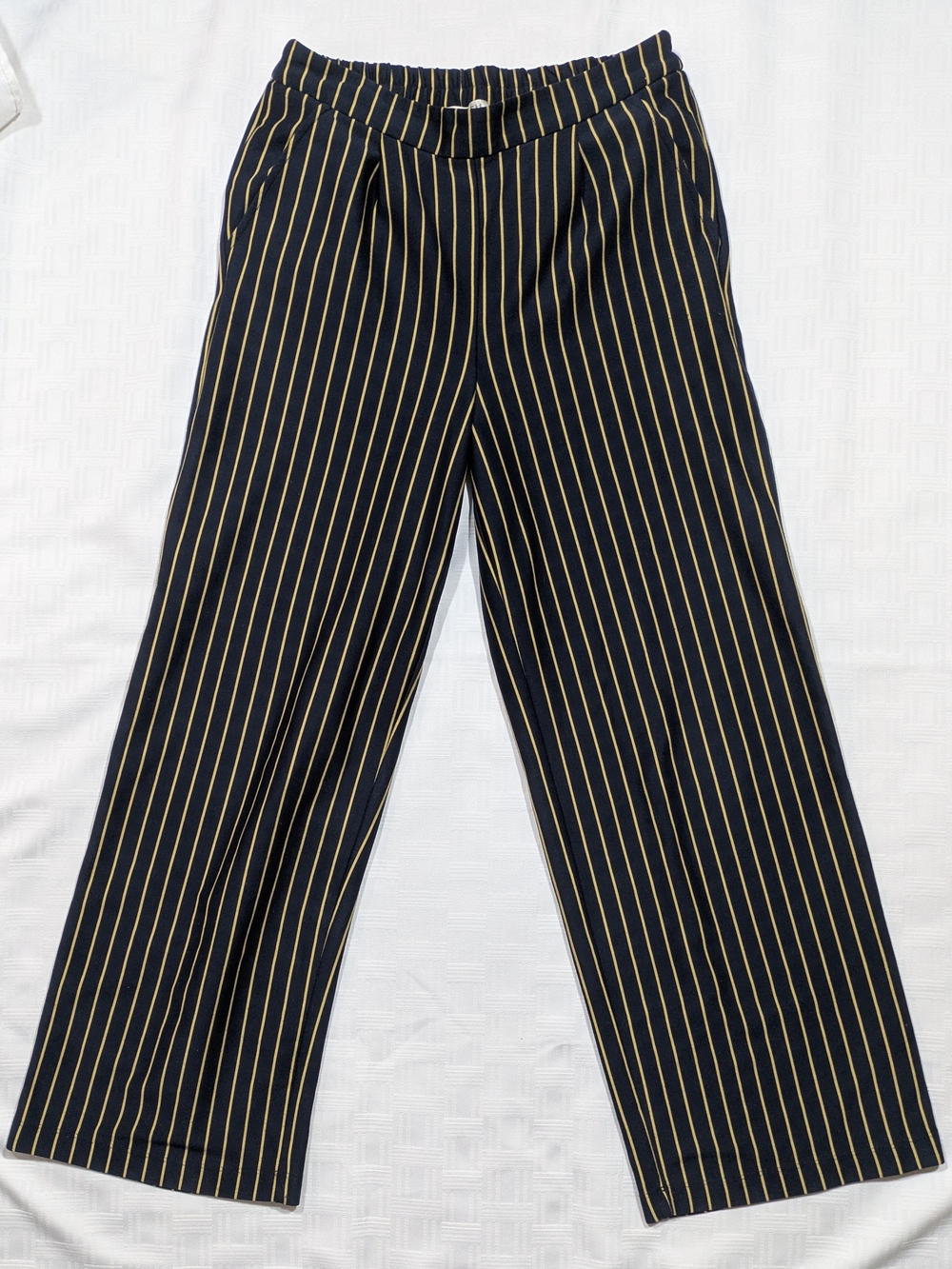 MSCH Moss Copenhagen Pinstripe Wide Leg Pants XS Navy Gold Pleated Trousers
